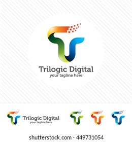 Abstract digital letter T logo design vector. Pixel concept with shades gradient color. suitable for technology company , studio design, software development, web design and any other service company.