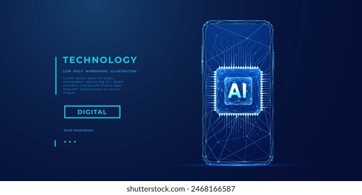 Abstract digital light blue AI chip on the empty smartphone screen. Technology innovation background. AI tech concept. Processor with circuit lines and letters A and I. Low poly vector illustration.