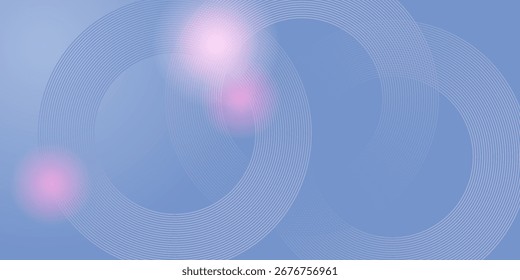 Abstract Digital Light Blue Elegant Background with Thin Line White Concentric Circles and Pink Sun Flare. Soft Geometric Modern Technology Background. Gentle Vector Cover Illustration with 3D Effect.