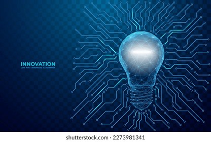 Abstracta la lámpara de luz digital con la tarjeta de circuito exterior. Concepto de innovación informática digital y cibernética en polígonos y líneas azules, Ilustración vectorial 3D de baja polilla. Fondo de tecnología