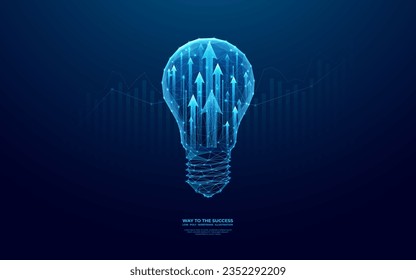 Abstract digital light bulb and growing arrows up. Start-up and business boosting concept. Futuristic low poly wireframe vector illustration on technology blue background. Polygonal or origami style.