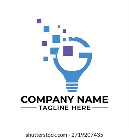 Concepto Abstractas del logotipo de la bombilla digital con los Elementos del pixel para la compañía creativa de la tecnología