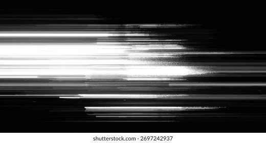 Fondo de glitch de luz digital abstracto con líneas Horizontales y efecto de desenfoque de movimiento en tonos blancos y negros.