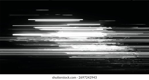 Fondo de glitch de luz digital abstracto con líneas Horizontales y efecto de desenfoque de movimiento en tonos blancos y negros.