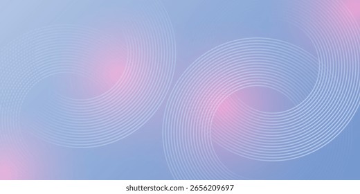 Abstract Digital Light Pastel gradient Elegant Background with Thin Line White Concentric Circles and Pink Sun Flare. Soft Geometric Modern Technology Background.
