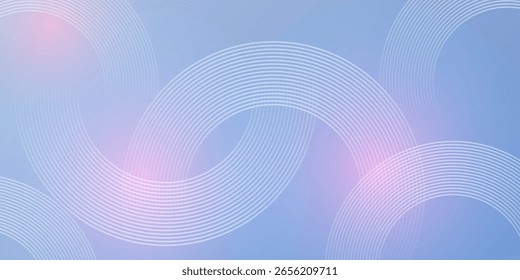 Abstract Digital Light Pastel gradient Elegant Background with Thin Line White Concentric Circles and Pink Sun Flare. Soft Geometric Modern Technology Background.