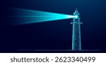 Abstract digital lighthouse with a bright beam on a dark blue technology background in a futuristic style. Guiding light and business vision concept. Low poly wireframe vector illustration.