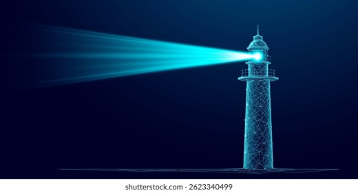 Abstract digital lighthouse with a bright beam on a dark blue technology background in a futuristic style. Guiding light and business vision concept. Low poly wireframe vector illustration.