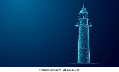 Abstract digital lighthouse consists of connected dots and thin lines on a technology blue background. Business vision concept. Night silhouette of lighthouse. Wireframe low poly vector illustration.