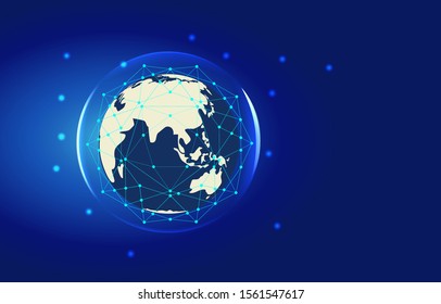 Abstract digital lines green with line, circles, dotted lines, dots, polygonal, world, map and various lines isolated on blue background vector illustration scientific futuristic interface.