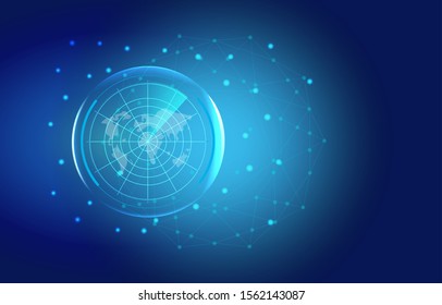 Abstract digital lines green with line, circles, dotted lines, dots, radar, map and various lines on circuit board polygonal blue background vector illustration scientific futuristic interface.