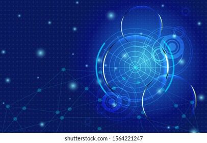 Abstract digital lines green with line, circles, dotted lines, dots, map, polygonal and various lines on circuit board plus blue background vector illustration scientific futuristic interface.