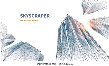 Abstract digital low angle view of skyscrapers. Polygons lines, particles, and connected dots. Isolated business buildings on white background. 3D Technology concept of success and business. Polygon