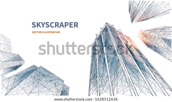 Abstract digital low angle view of skyscrapers.\
Polygons lines, particles, and connected dots. Isolated business\
buildings on white background. 3D Technology concept of success and\
business. Polygon