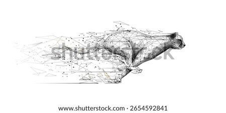 Abstract Digital Low Poly Wireframe Cheetah in running motion. Technology Speed Innovation Concept. Fast Cat with Connected Dots, Lines, Triangles, and speed particles. Digital Vector Illustration.
