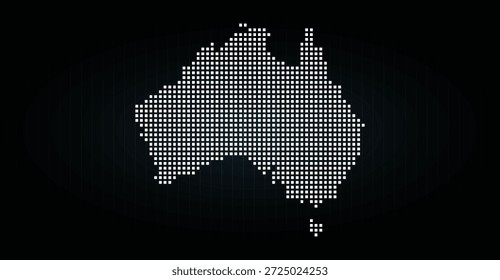 Mapa digital abstrato da Austrália composto por quadrados de pixels brancos sobre um fundo azul escuro, representando dados globais, tecnologia e redes interconectadas