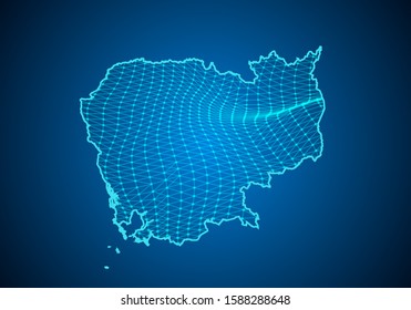Abstract digital map of cambodia with particles dots and line. polygonal network business. Wireframe landscape background. Big Data. 3d futuristic. Global network connection.