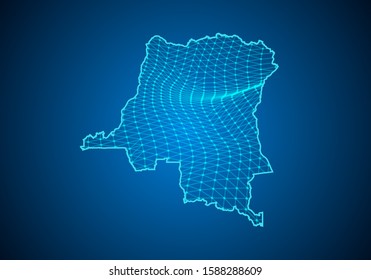 Abstract digital map of congo DR with particles dots and line. polygonal network business. Wireframe landscape background. Big Data. 3d futuristic. Global network connection.