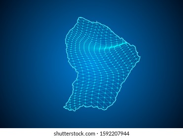 Abstract digital map of french Guiana with particles dots and line. polygonal network business. Wireframe landscape background. Big Data. 3d futuristic. Global network connection.