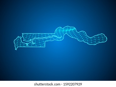 Abstract digital map of gambia with particles dots and line. polygonal network business. Wireframe landscape background. Big Data. 3d futuristic. Global network connection.
