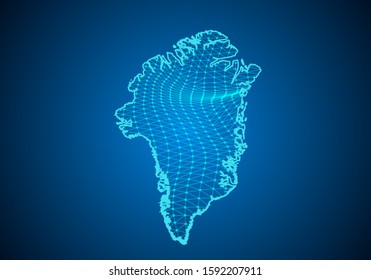 Abstract digital map of greenland with particles dots and line. polygonal network business. Wireframe landscape background. Big Data. 3d futuristic. Global network connection.
