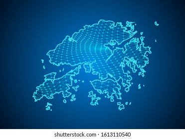 Abstract digital map of hong Kong with particles dots and line. polygonal network business. Wireframe landscape background. Big Data. 3d futuristic. Global network connection.