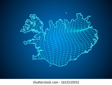 Abstract digital map of iceland with particles dots and line. polygonal network business. Wireframe landscape background. Big Data. 3d futuristic. Global network connection.