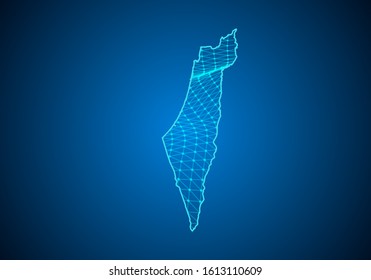 Abstract digital map of israel Palestine with particles dots and line. polygonal network business. Wireframe landscape background. Big Data. 3d futuristic. Global network connection.