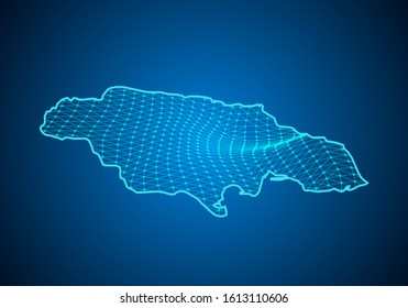 Abstract digital map of jamaica with particles dots and line. polygonal network business. Wireframe landscape background. Big Data. 3d futuristic. Global network connection.