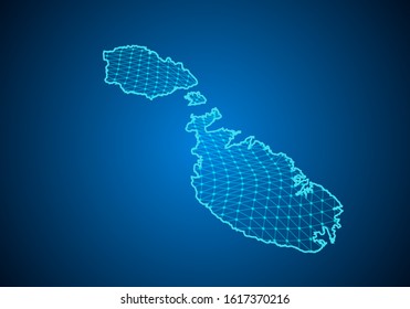 Abstract digital map of malta with particles dots and line. polygonal network business. Wireframe landscape background. Big Data. 3d futuristic. Global network connection.