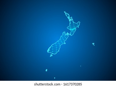 Abstract digital map of New Zealand with particles dots and line. polygonal network business. Wireframe landscape background. Big Data. 3d futuristic. Global network connection.