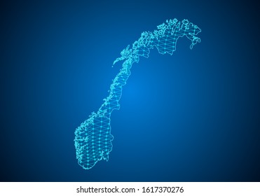 Abstract digital map of norway with particles dots and line. polygonal network business. Wireframe landscape background. Big Data. 3d futuristic. Global network connection.