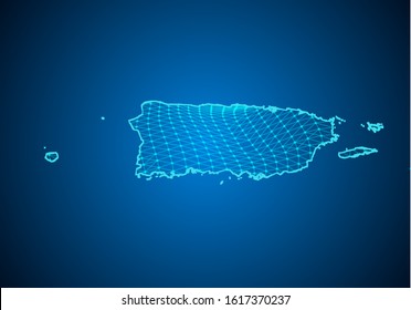 Abstract digital map of puerto Rico with particles dots and line. polygonal network business. Wireframe landscape background. Big Data. 3d futuristic. Global network connection.