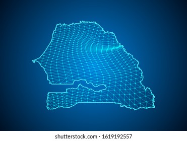 Abstract digital map of senegal with particles dots and line. polygonal network business. Wireframe landscape background. Big Data. 3d futuristic. Global network connection.