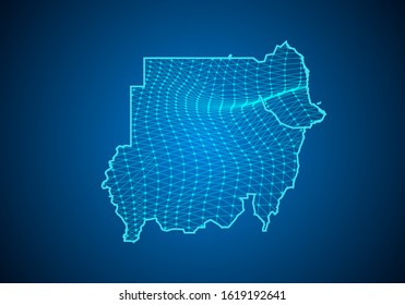 Abstract digital map of sudan with particles dots and line. polygonal network business. Wireframe landscape background. Big Data. 3d futuristic. Global network connection.