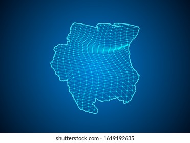 Abstract digital map of suriname with particles dots and line. polygonal network business. Wireframe landscape background. Big Data. 3d futuristic. Global network connection.