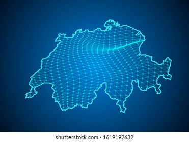 Abstract digital map of switzerland with particles dots and line. polygonal network business. Wireframe landscape background. Big Data. 3d futuristic. Global network connection.