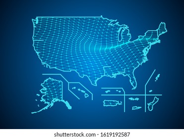 Abstract digital map of USA Territories with particles dots and line. polygonal network business. Wireframe landscape background. Big Data. 3d futuristic. Global network connection.