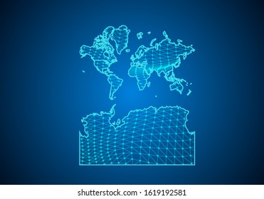 Abstract digital map of world With Antarctica with particles dots and line. polygonal network business. Wireframe landscape background. Big Data. 3d futuristic. Global network connection.