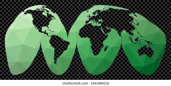Abstract digital map of world. Interrupted Homolosine projection. Polygonal map of the world on transparent background. Stencil shape geometric globe. Captivating vector illustration.