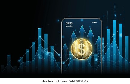 Abstractas teléfono móvil digital con moneda de oro, pila de monedas y flecha hacia arriba en la pantalla del teléfono inteligente. Gráfico de crecimiento sobre fondo oscuro de la tecnología. El dinero aumenta los ingresos. Ilustración vectorial.