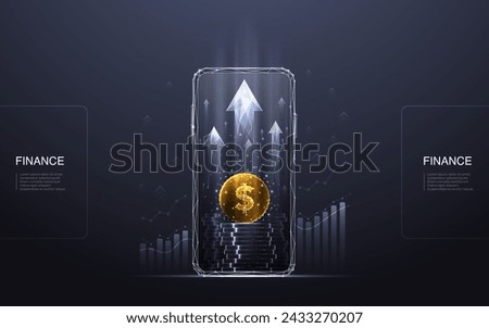 Abstract digital mobile cellphone with golden dollar coin, coin stack and arrow up on smarthone screen. Growth graph chart on technology dark background. Money increase revenue. Vector illustration.
