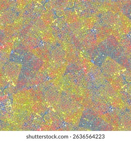 Abstract digital mosaic background with overlapping translucent grid layers in vibrant yellow, red, and blue tones. Ideal for tech, data, or futuristic themes.