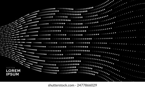 Abstract Digital Mosaic Dots Halftone Tech Background Pattern. White Dots Moving Fast. Hi-Tech Minimal Technology Design Texture. Digital Data Flow Transfer. Vector Illustration.