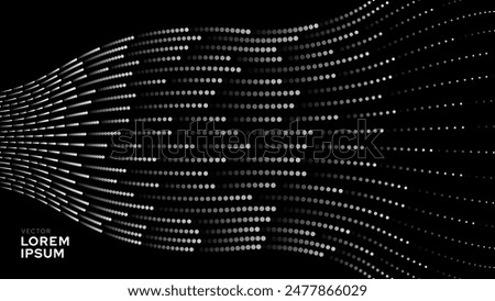 Abstract Digital Mosaic Dots Halftone Tech Background Pattern. White Dots Moving Fast. Hi-Tech Minimal Technology Design Texture. Digital Data Flow Transfer. Vector Illustration.