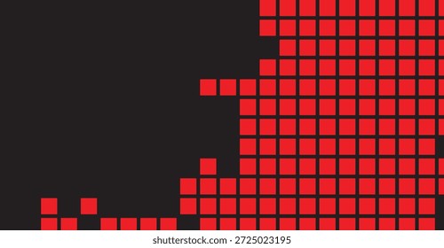 Abstractas mosaico digital con vibrantes píxeles cuadrados rojos y negros profundos que forman una cuadrícula geométrica irregular dinámica, ideal para fondos contemporáneos, visualización de datos o proyectos de diseño digital