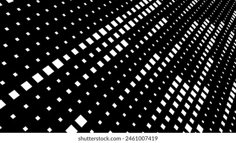 Abstract Digital Mosaic Grid Dots Halftone Tech Background Pattern. White Pixels Moving Fast on Grid. Hi-Tech Minimal Technology Design Texture. Digital Data Flow Transfer. Vector Illustration.