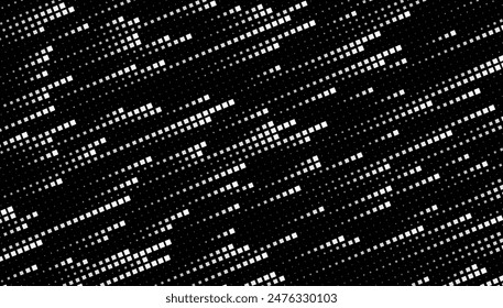 Abstract Digital Mosaic Grid Dots Halftone Tech Background Pattern. White Pixels Moving Fast on Grid. Hi-Tech Minimal Technology Design Texture. Digital Data Flow Transfer. Vector Illustration.
