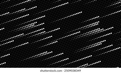 Abstract Digital Mosaic Grid Dots Halftone Tech Background Pattern. White Pixels Moving Fast on Grid. Hi-Tech Minimal Technology Design Texture. Digital Data Flow Transfer. Vector Illustration.