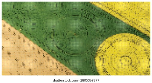 Abstract digital mosaic of a vast green landscape with yellow fields, modern pixel art style, geometric composition, textured background, natural beauty.